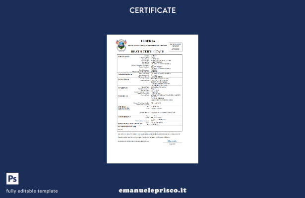 certificato di morte in stile verificato della Liberia Modello Word e PDF